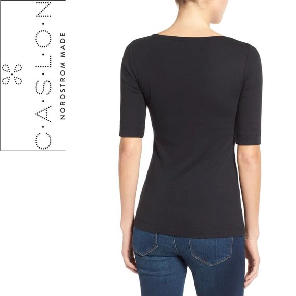 NEW Ballet Neck Cotton & Modal Knit Elbow Sleeve Tee CASLON® Black Small - Picture 6 of 7